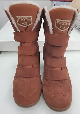SKCH+3 Skechers Women's Sz 8 Sneakers Ankle Boots Leather Hidden Wedge Brown • $29.99