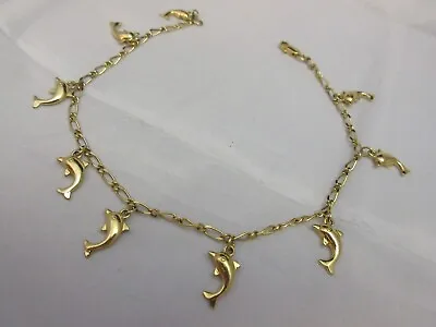 Vintage 10  Long Ankle Chain Bracelet Dangle Dolphin Charms Gold Tone • $11.99