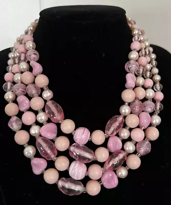 Vintage Pink Art Glass Multi Strand Necklace Japan 15  Adjustable  • $9.99
