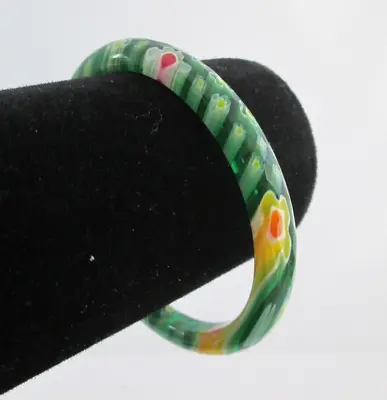 Vintage Murano Art Glass Millefiori Green Flower Bangle Bracelet • $11.95