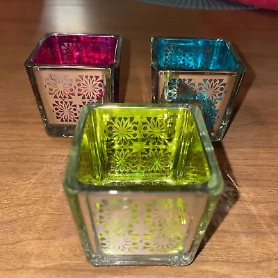 Trio Jeweltone 2 Inch Square Glass Votive Candle Holders Yellow Teal Magenta • $12.99