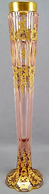 Moser Type Cut Crystal Pink Art Nouveau Gold Scrolls 16 Inch Tall Vase C. 1900 • $795