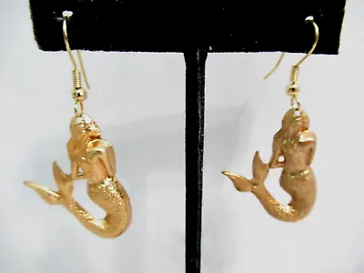 Mermaid Raw Brass Light Weight Vintage Pierced Earrings Detailed Back View Nos • $13