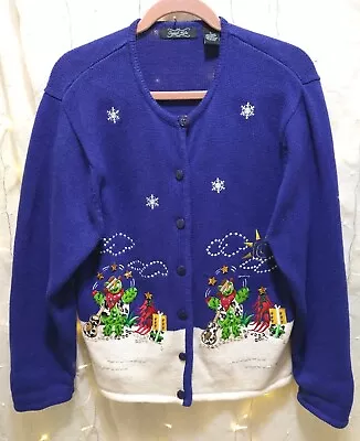 Crystal Kobe Womans L Blue 3d Knit Sweater Cardigan Christmas Cactus Celebration • $39