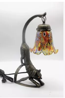 Bronze Tone Sculpture Cat Table Lamp With Glass Millefiori Shade Eyes Glow • $2998