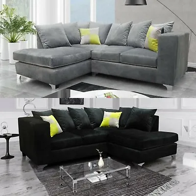 £499 • Buy Grey Corner Sofa Suite Black Plush Velvet 3 Seater 2 Seater Footstool Chair Lush