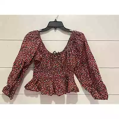 Womens ZARA  Pink Red Foral Peplum Crop Top Long Sleeve Sz Medium M • $12