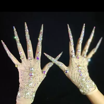 Luxurious AB Rhinestones Pearls Plus Length Nails Gloves Fashion Drag Queen • $72.23