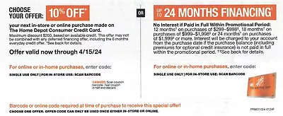 Home Depot Coupon 10% Off Or 24 Months Financing Exp 4/15/2024 • $1