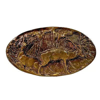 Vintage ADEZY Brass Belt Buckle OVAL Deer Grazing Buck Or Stag Scene Denver USA • $18.99