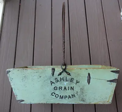 Antique Ashley Grain Company Wooden Bucket Bin Basket Blacksmith Forged Handle • $175