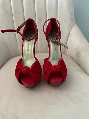 Red Suede High Heel Platform Shoes Open Toe With Ankle Strap - Size 4 • £18