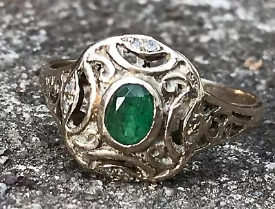 Vintage Antique Emerald And Diamond Filigree Ring 14k Gold  Size 9 1920's 1930's • $300