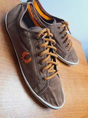 Size UK 11 Mens Canvas Fred Perry Plimsols Pumps Casual Shoes 2004 Brown Vintage • £8.90