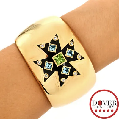 Verdura Maltese Cross Diamond Gemstones 18K Gold Enamel Bangle 106.7 Grams • $47500