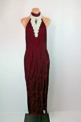 VTG 90s Velvet Wiggle Pencil Sequin Maroon Lace Mock Neck Slit Prom Dress 9/10 • $74.99