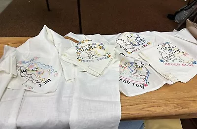 Vintage Set Of 5 Kitten Newlywed Themed Embroidered Dish Towels Shower Gift • $14