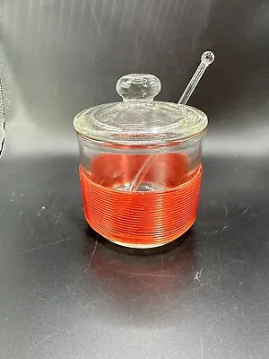 Vintage Glass Condiment Jar W Lid & Spoon Clear And Red Banding Jeanette Glass • $22.99