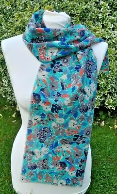 Scarf In Liberty Varuna Wool Bright Orange Blue Brown Flowers On Turquoise • £29.99