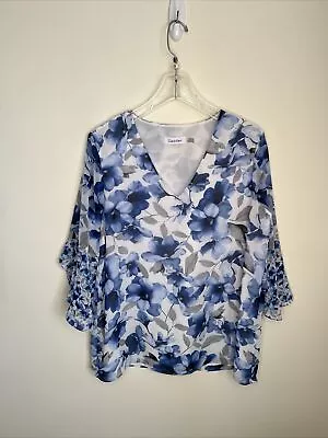 Calvin Klein Women's M- V-Neck Bell Sleeve Blouse Blue & Gray Floral Top B002 • $12.99