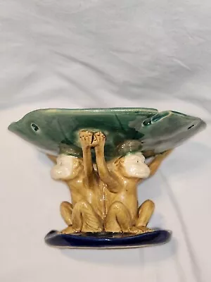 Vintage Whimsical Three Monkeys Holding Lily Pad Bowl Majolica Centerpiece • $115