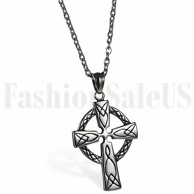 Stainless Steel Men's Silver Tone Large Celtic Cross Irish Knot Pendant Necklace • $9.49