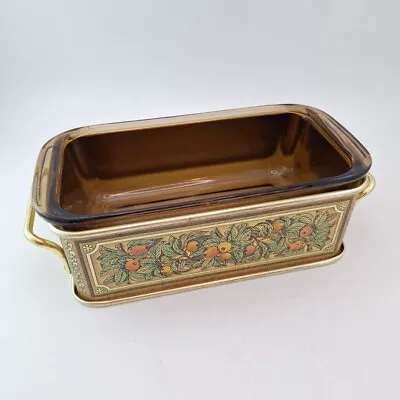 Vintage PYREX 213 Brown Loaf Pan Dish With Metal Caddy Holder Carrier MCM • $17.99