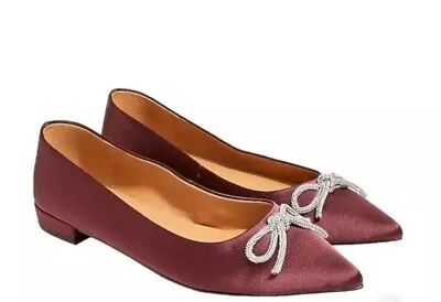 J.CREW Satin Ballet Flat Pointed Toe Shoes Bow Warm Burgundy Size 8.5 Casual • $38.24