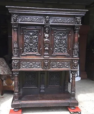 Carved Oak Figural Cupboard Cabinet • $2450