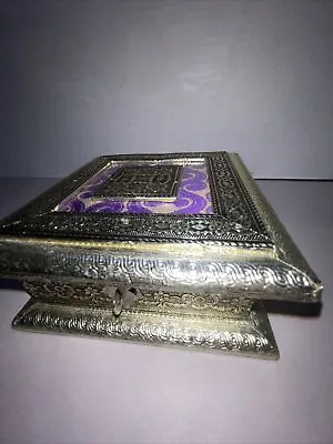 Meenakari Dry Fruit Box Silvertone Metal Inlaid Purple Fabric Handmade 6x6x2.25” • $25.16