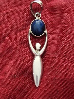 Goddess Pendant In 925 Silver With Lapis Lazuli Cabouchon Pagan • £25