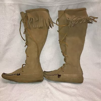 Vintage MINNETONKA Boots FRINGE Moccasins TALL - Sz 6 Made In USA • $62.40