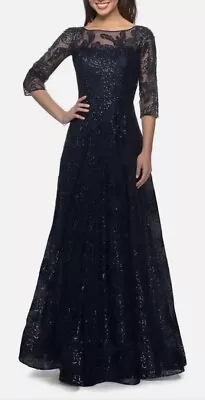 NWT $575 La Femme Sequin Embroidered Tulle Floral A-Line Gown Dress Navy Sz 18 • $199.99