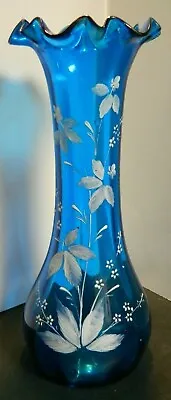 Large Victorian Hand Blown & Painted Mary Gregory Style Blue Ruffle Vase Excell • $25.49