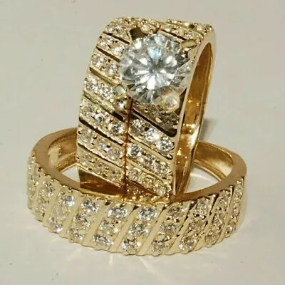 14k Yellow Gold Plated His & Her Trio Ring Set 2.50Ct Round Lab-Created Diamond • $149.99