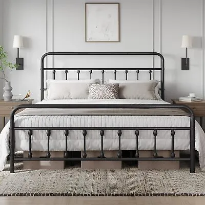 King Metal Bed Frame Mattress Foundation With Victorian Style Iron-Art Headboard • $218.48