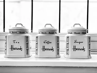 Harrods Tea Coffee Sugar Jar White Storage Set Ceramic Air Tight Canister 15 Cm • £44.99