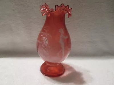 ANTIQUE MARY GREGORY CRANBERRY GLASS VASE Pontil Mark Ruffled Rim • $55.25