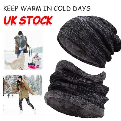 Unisex Men's Winter Beanie Hat And Scarf Set Warm Fleece Knitted Cap Unisex UK • £2.99