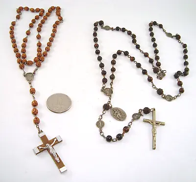 2 Vintage Christian Carved Wood Bead Rosaries Crucifix Rosary Lourdes • £14.48