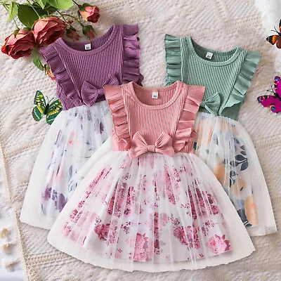 Child Girls Tulle Pageant Dress Party Flowers Prints Bowknot Fly Sleeve Cosplay • $19.82