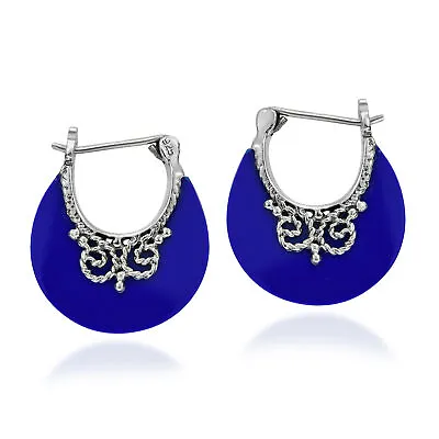 Boho Blue Lapis-Lazuli Bohemian Hoop Lock Retro Sterling Silver Earrings • $28.99