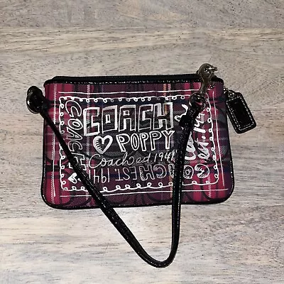 NICE Coach Poppy Tartan Red Black Plaid Glitter Wristlet Black Patent Leather • $27