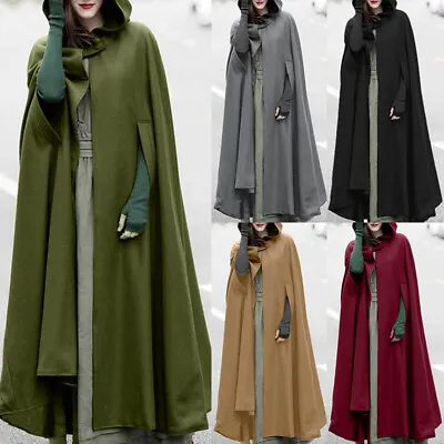 Women Hooded Long Cape Cloak Coat Ladies Jacket Outerwear Poncho Medieval Robe • £20.89