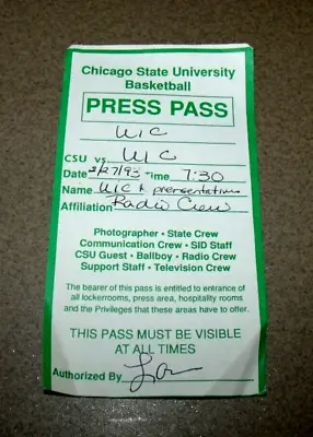 Chicago State Basketball 2/27/1993 Media Press Pass Ticket Stub Vs UIC Flames • $9.99