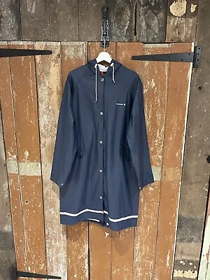 Marine Jacket Rain Coat Men's Size Large Blue Hooded Pockets Buttons Logo • $23.63