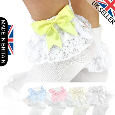 Girls Baby Spanish Bow Socks Double Ribbon Bow Frilly Lace Ankle Socks New Kids • £5.99