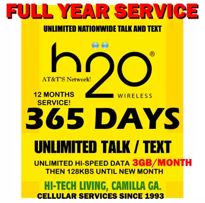 H2o H20 Wireless Sim ⭐ 365 Days Of Service Unlimited T/t ⭐ W/ 36 Gb Data • $175