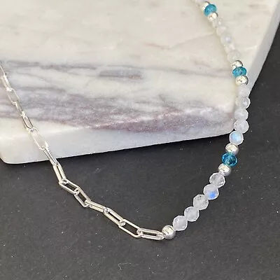 Moonstone Necklace  Apatite Choker Half Paper Clip Chain Sterling Silver Beaded • $85