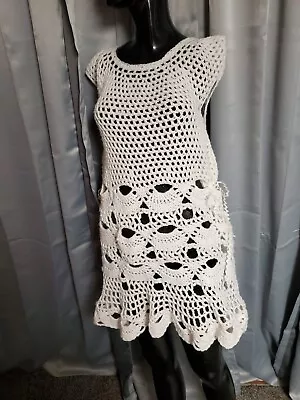 S-M 60s Vtg Hand Crochet Knit Babydoll Mini Dress Ric Rac Ties Sides Hippie Boho • $29.99